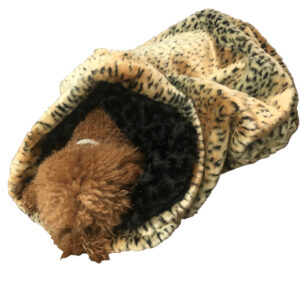 Leopard-print plush pet bed with a brown fur interior, shaped like a cozy cave for a small dog or cat