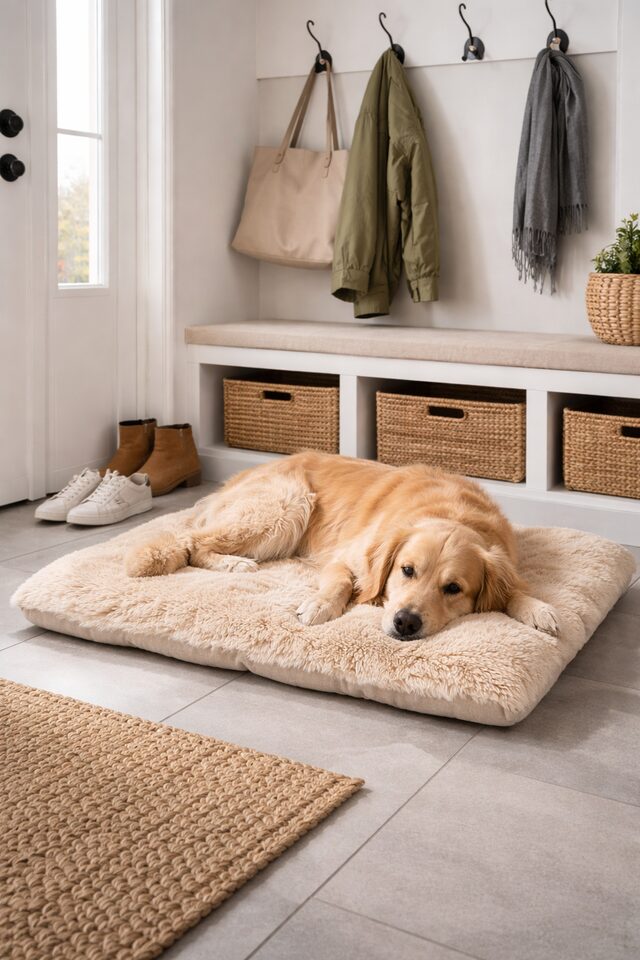 Golden retriever resting on a plush beige dog bed in a mudroom with coats, baskets and shoes nearby.