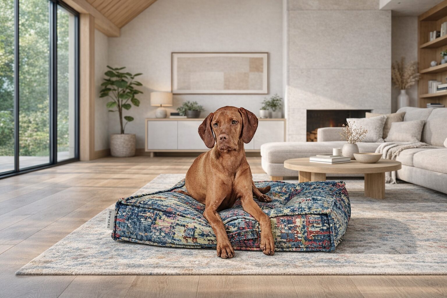 Brown dog relaxing on a colorful patterned cushion in a bright, modern living room with large windows and a fireplace nearby.