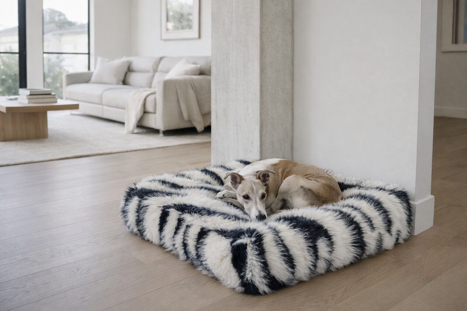 Small tan and white dog lying on a fluffy black-and-white striped bed in a modern living room.