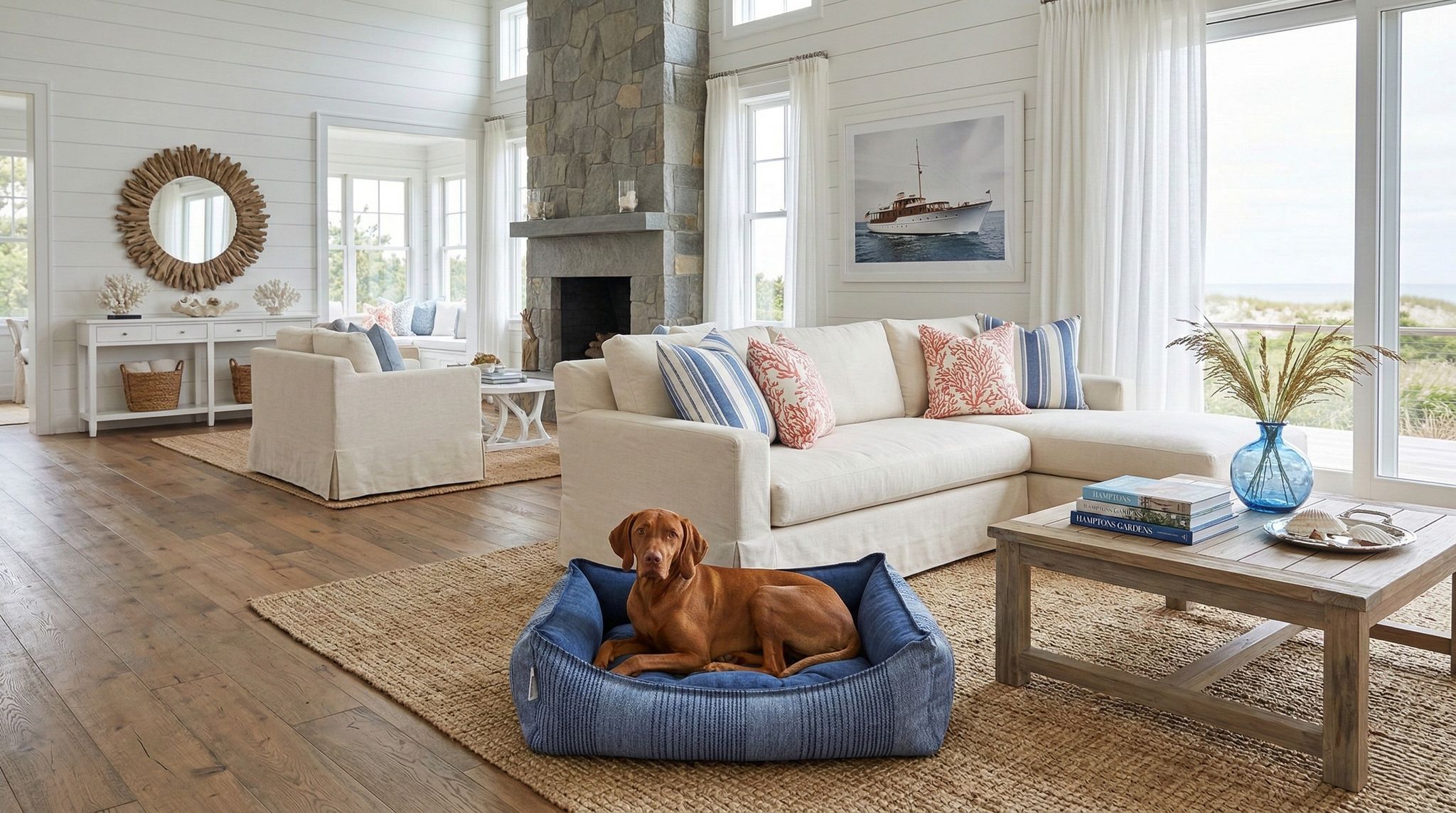 Bright coastal living room with a stone fireplace, white sofa, and large windows; two dogs rest in blue dog beds on a woven rug.