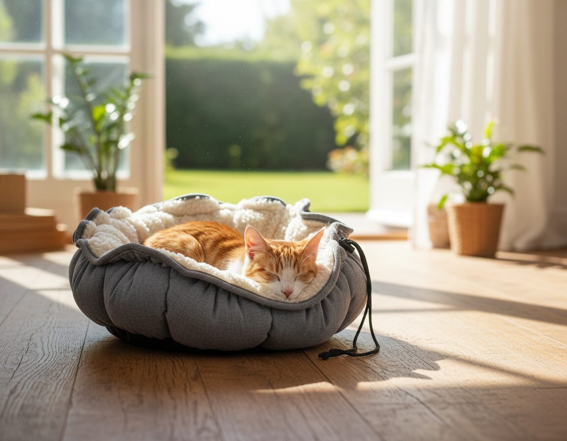 Orange tabby cat sleeping in a plush gray bed by open doors to a sunlit garden.
