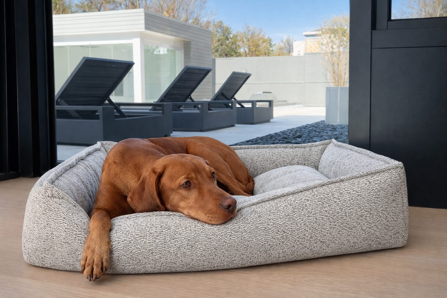 Brown dog resting curled in a textured gray bed inside a modern home, near a glass door and outdoor lounge area.