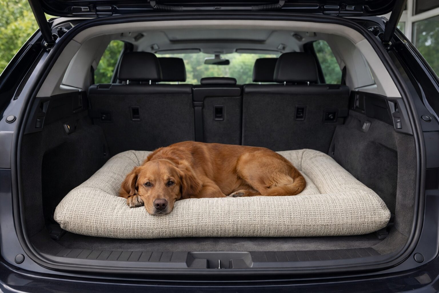 Golden retriever rests on a light beige dog bed in the open SUV cargo area, seats up in the background.