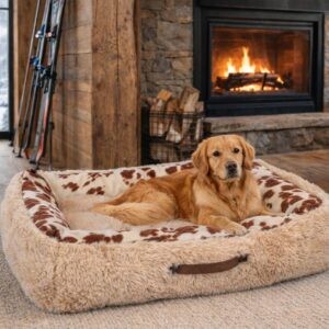 Golden retriever lounging in a fluffy cream and brown spotted dog bed by a lit stone fireplace in a cozy cabin living room