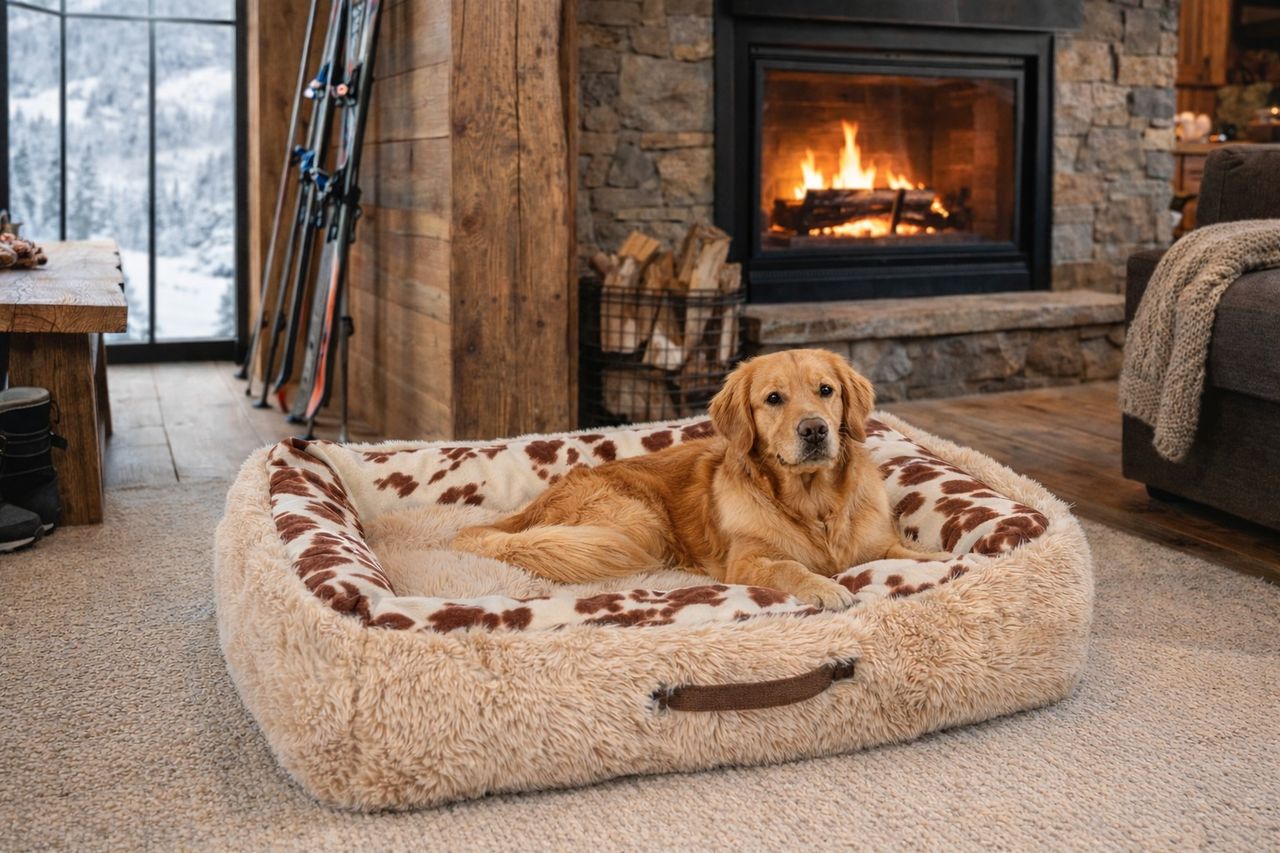 Golden retriever lounging in a fluffy cream and brown spotted dog bed by a lit stone fireplace in a cozy cabin living room