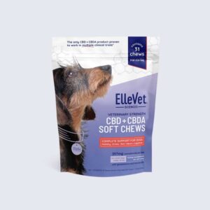 ElleVet CBD+CBDA Soft Chews dog supplement bag featuring a dog portrait, text highlights 31 chews and pet-health benefits.