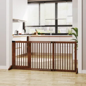 Adjustable Wooden Pet Gate with Lockable Door - 3 Panel Freestanding Design