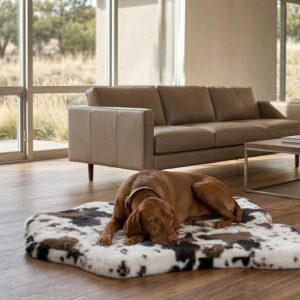 Brown dog napping on a black-and-white cowhide rug in a bright, modern living room with a beige sofa and large glass windows.