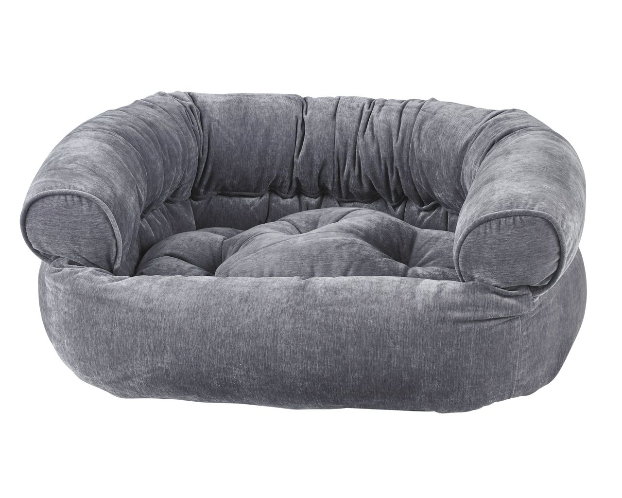 Round plush pet bed with raised sides and tufted center, in soft gray.