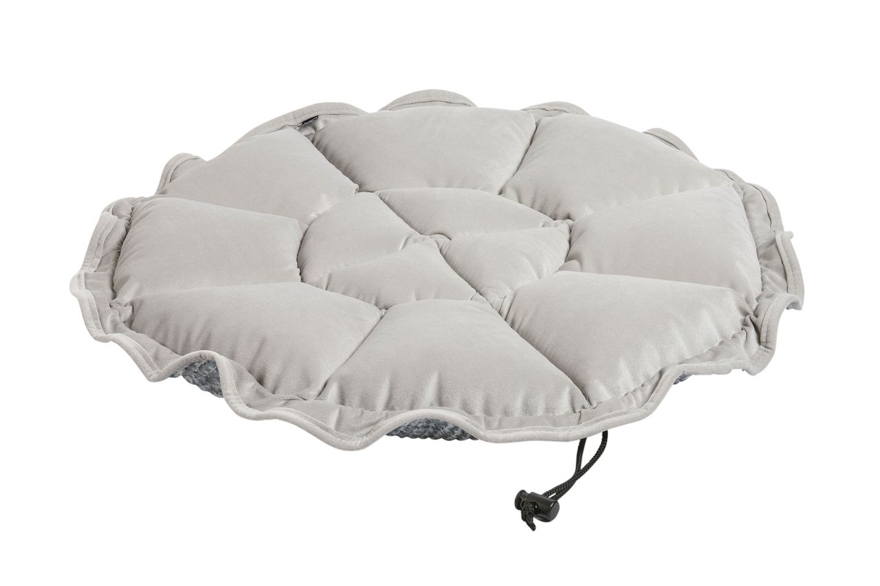 Round, quilted gray cushion with segmented panels and a drawstring closure