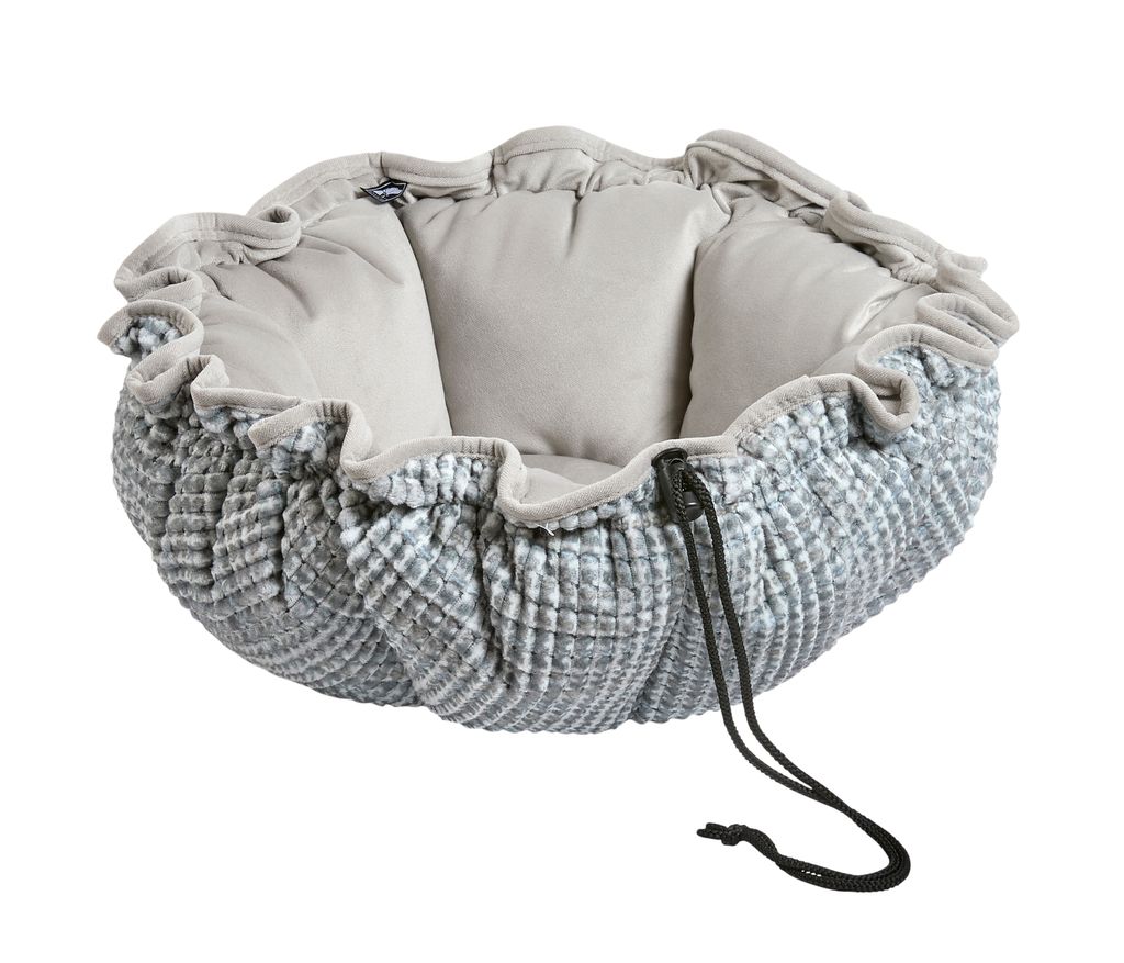 Round plush pet bed in light gray with cushioned interior and ruffled edge on a soft exterior edge drawcord present.