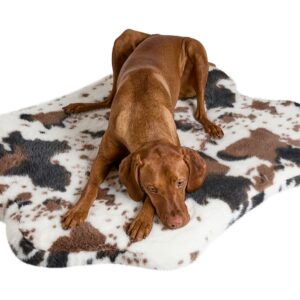 Brown short-haired dog lying on a white-and-brown spotted rug, looking down toward the camera.