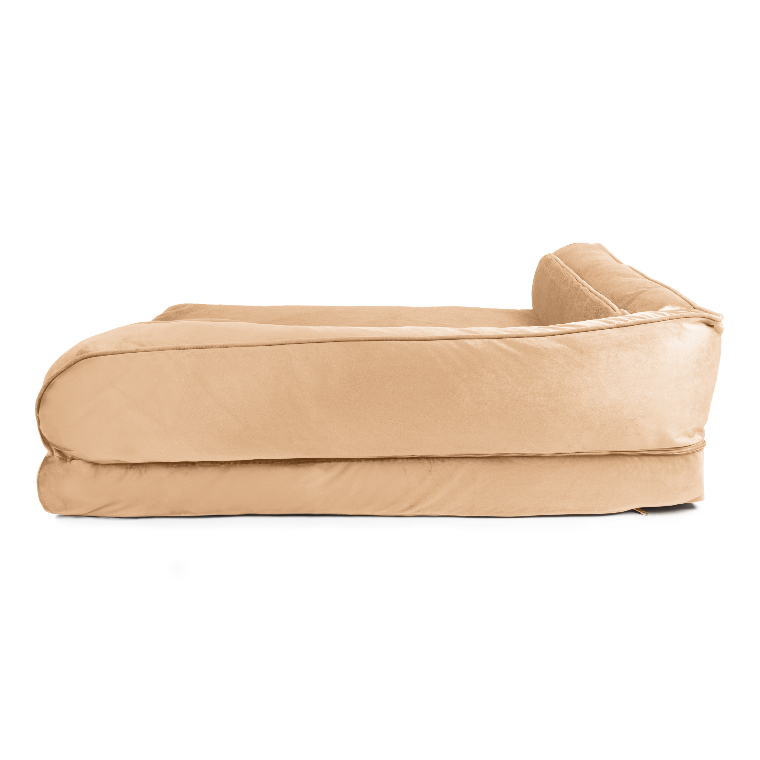 Partial view of a beige plush sofa against a white background, showing the armrest and lower edge.