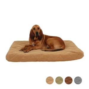 Brown dog resting on a tan quilted dog bed; four color swatches (tan, olive, brown, gray) shown below.