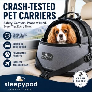 Crash-tested pet carrier advertisement showing a dog in a Sleepypod carrier inside a car, promoting safety and travel readiness.