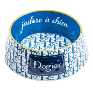 Close-up of a blue-and-white patterned ball with the word 'Bonjour' repeated around its surface and an orange rim at the top.