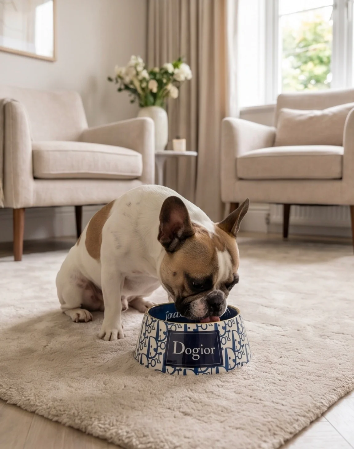 French bulldog drinking from a blue-patterned dog bowl on a beige living room rug in a cozy setting.