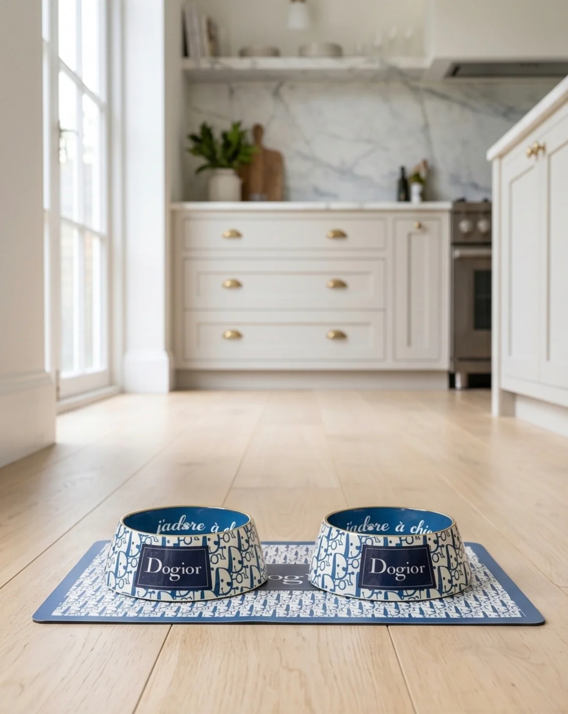 Pair of blue and white Dogior pet bowls on a patterned mat in a bright white kitchen with wooden floorboards.
