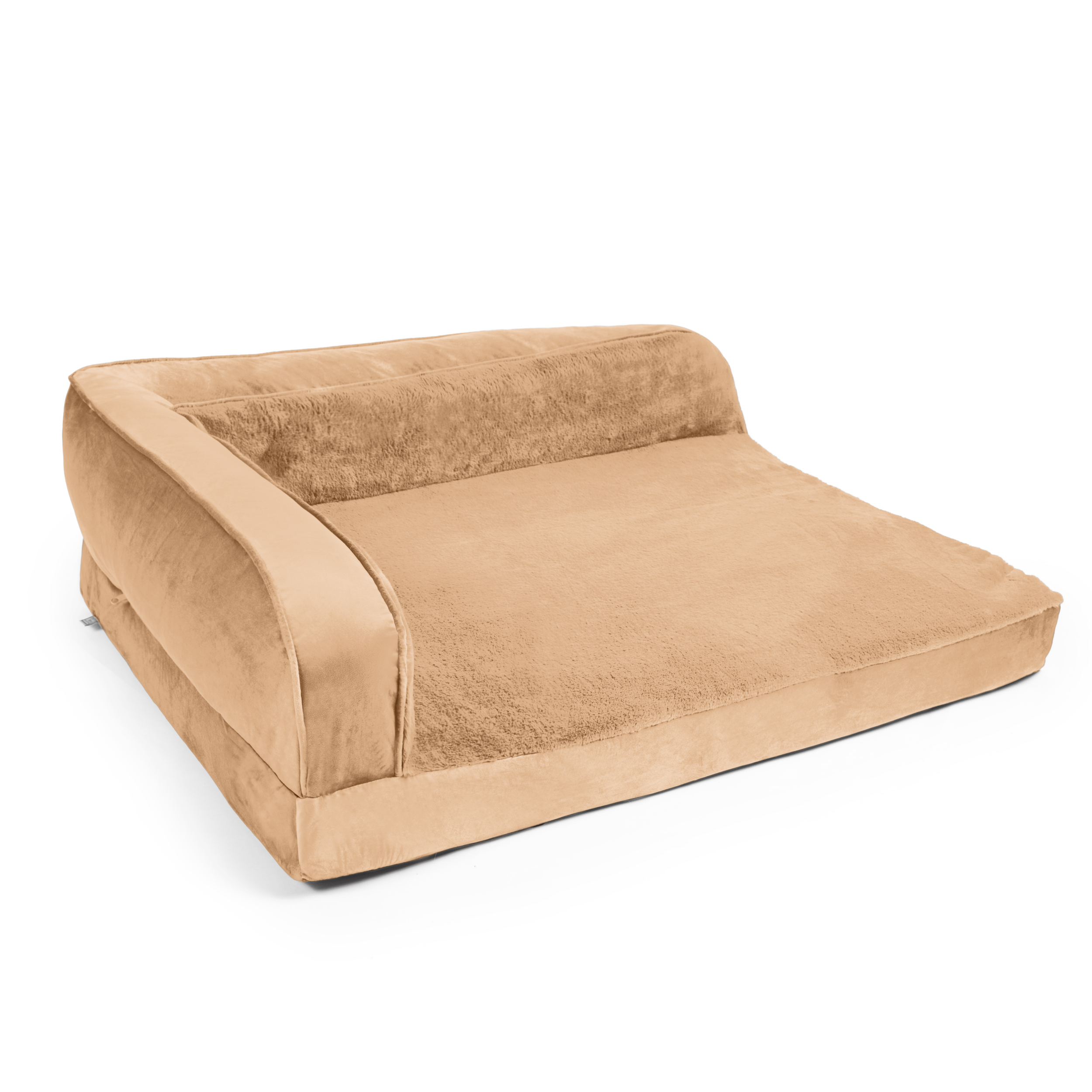 Beige upholstered sofa viewed from a low angle with an armrest on the left against a white background