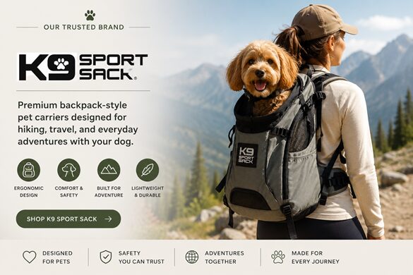 Person wearing a K9 Sport Sack backpack carrier with a small dog peeking out, mountains in the background; product branding and slogan visible: 'Premium backpack-style pet carriers' with feature icons and a 'Shop K9 Sport Sack' button.