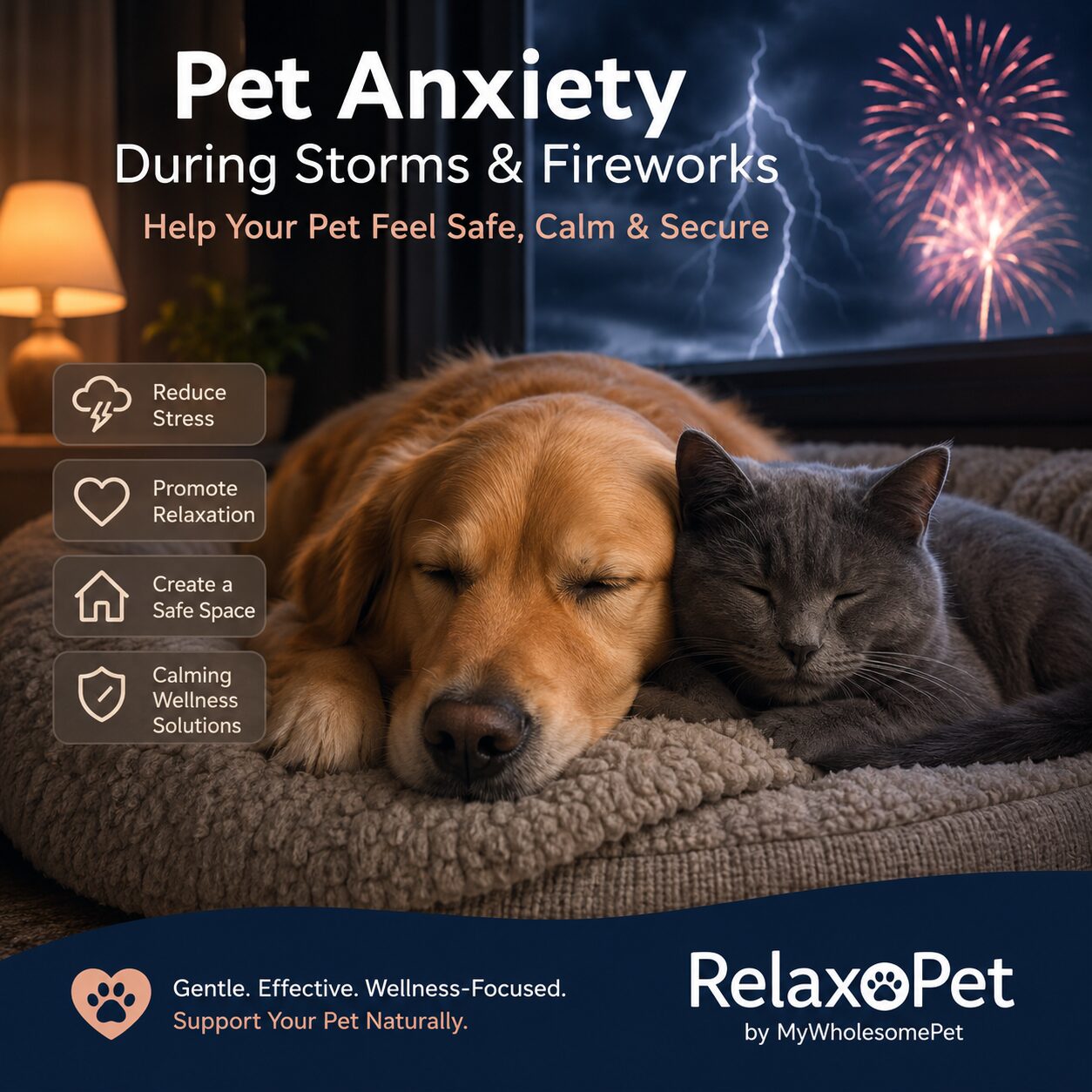 Poster promoting pet anxiety relief during storms and fireworks, showing a sleeping dog and cat with calming tips icons and Relax&Pet branding.