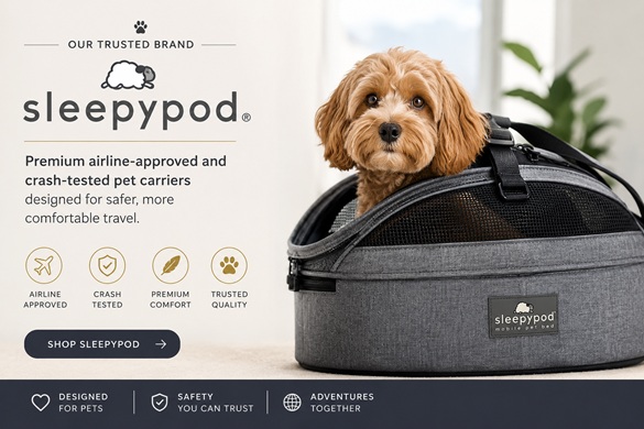Small dog in a gray Sleepypod carrier with brand text and feature icons visible beside it on a light background.