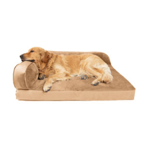 Golden retriever relaxing on a tan couch, lying on its side with head resting on the armrest.