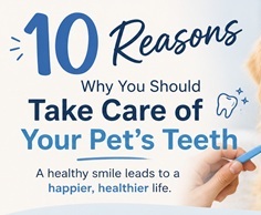 Cover image for an article: '10 Reasons Why You Should Take Care of Your Pet's Teeth' featuring a blue toothbrush and pet tooth graphic, promoting pet dental health with a smiling theme to emphasize healthy life.