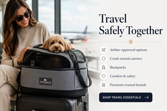 Woman with sunglasses at an airport, dog in a carrier resting on a suitcase, in a travel-safety ad.