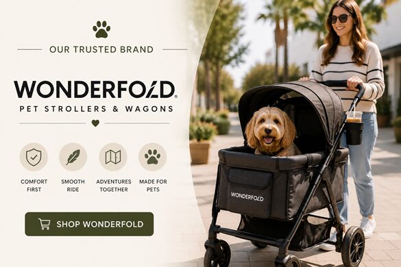Advertisement for Wonderfold pet strollers: a woman pushes a dog in a stroller outdoors, with branding, icons (Comfort First, Smooth Ride, Adventures Together, Made for Pets) and a 'Shop Wonderfold' button on the left.