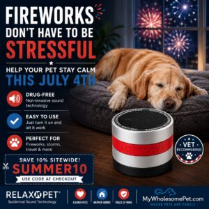 Ad for RelaxoPet calming technology featuring a sleeping dog, fireworks outdoors, and a stackable gadget; promotes a July 4th stress-free night.