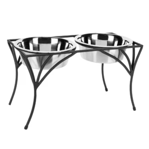 Raised pet feeding station with two polished stainless steel bowls in a black geometric frame (dog/cat bowls).