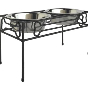 Raised pet feeding station with two stainless steel bowls in a black metal frame.