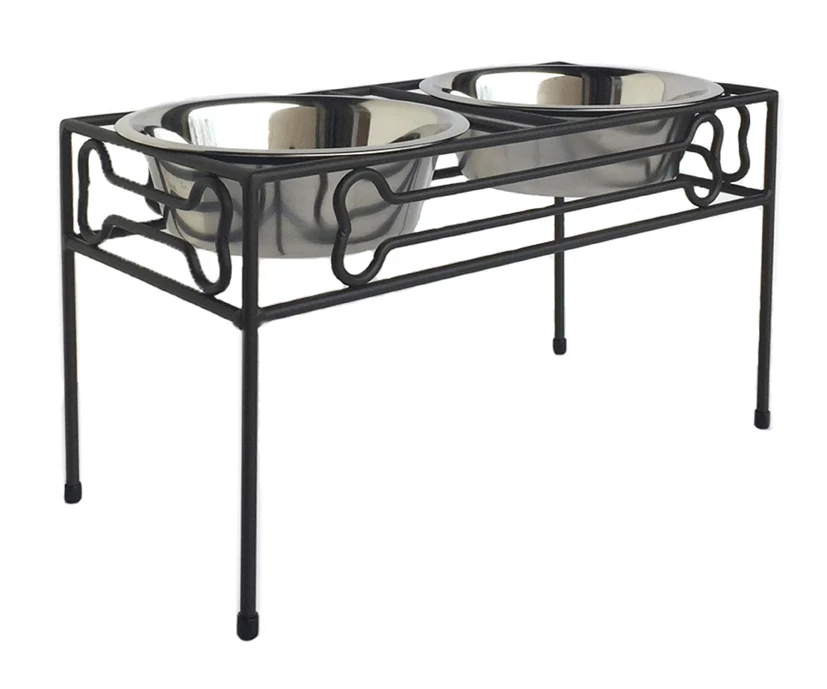 Raised pet feeding station with two stainless steel bowls in a black metal frame.
