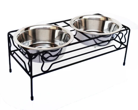 Dual stainless steel bowls on a black metal elevated pet feeder stand.
