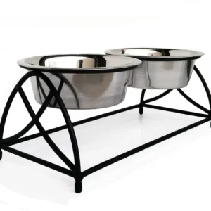 Double stainless steel pet feeding bowls on a black metal elevated stand for dogs or cats.