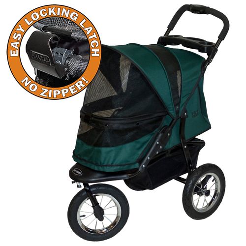 Green stroller with black frame and large wheels; orange badge reads 'Easy Locking Latch No Zipper' highlighting a secure latch feature.