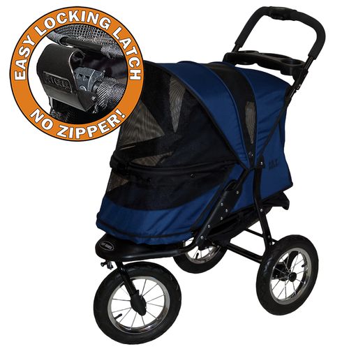 Blue baby stroller with a mesh canopy and four large wheels, featuring an orange badge that says easy locking latch; no zipper shown on the image edge.