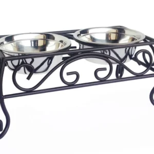 Two stainless steel pet bowls held in a black wrought-iron scroll stand used for feeding pets.