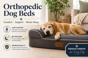 Advertisement for orthopedic dog beds showing a sleeping golden retriever on a dark gray bed; features listed: comfort, support, better sleep.