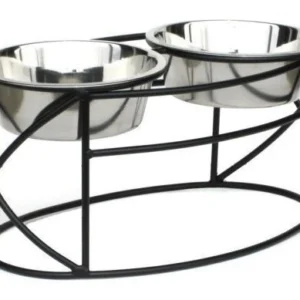 Elevated dual stainless steel pet bowls on a black metal stand for pets.