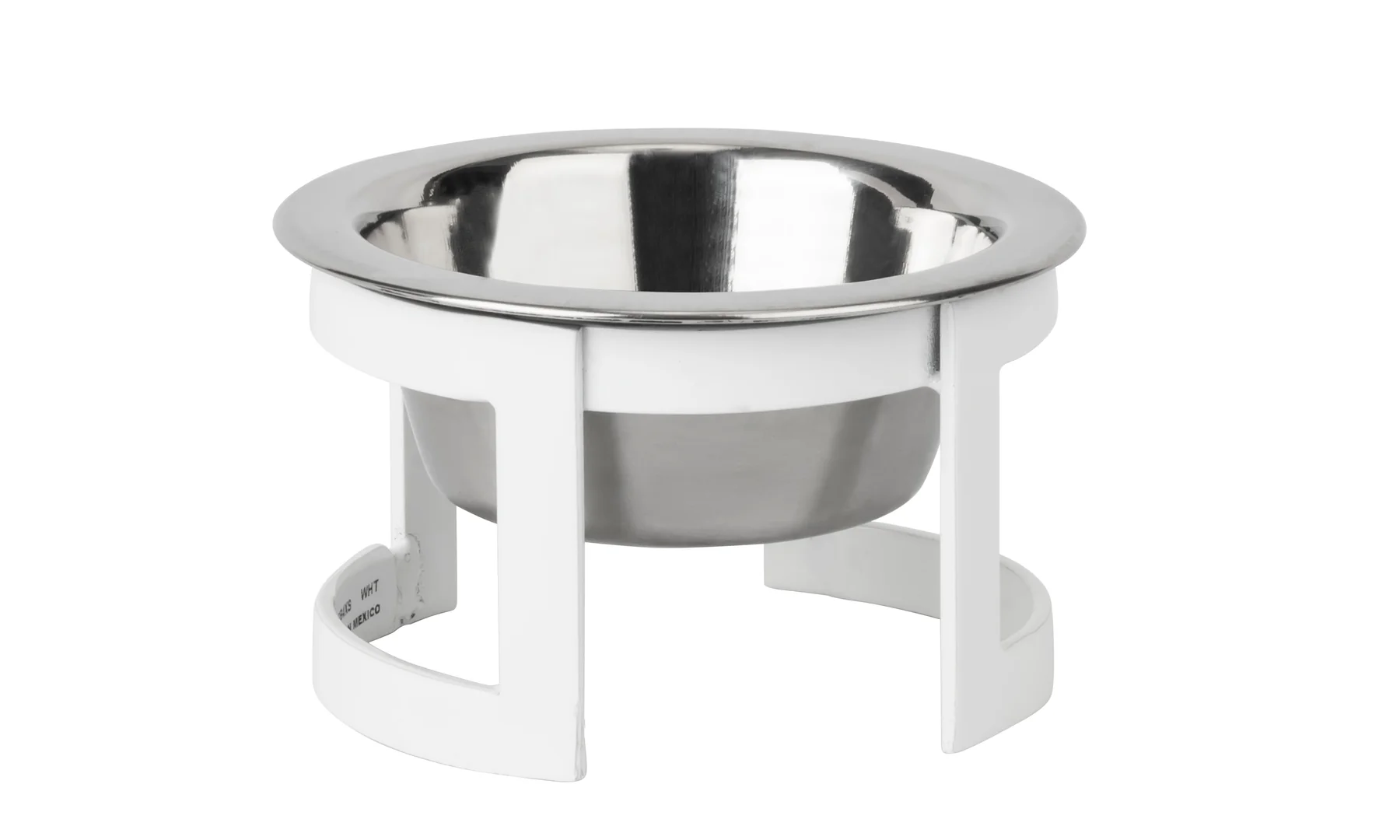 Raised pet feeder with a shiny stainless steel bowl in a white circular frame and legs