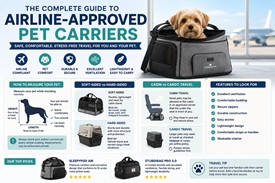 Infographic titled The Complete Guide to Airline-Approved Pet Carriers showing soft- and hard-sided carriers, sizing tips, and airline requirements for dog travel