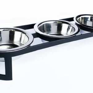 Triple stainless steel bowls held in a black elevated pet feeder stand for easy feeding access.