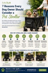 Infographic about why to use a pet stroller, featuring two dogs in a wagon and the headline '7 Reasons Every Dog Owner Should Consider a Pet Stroller'